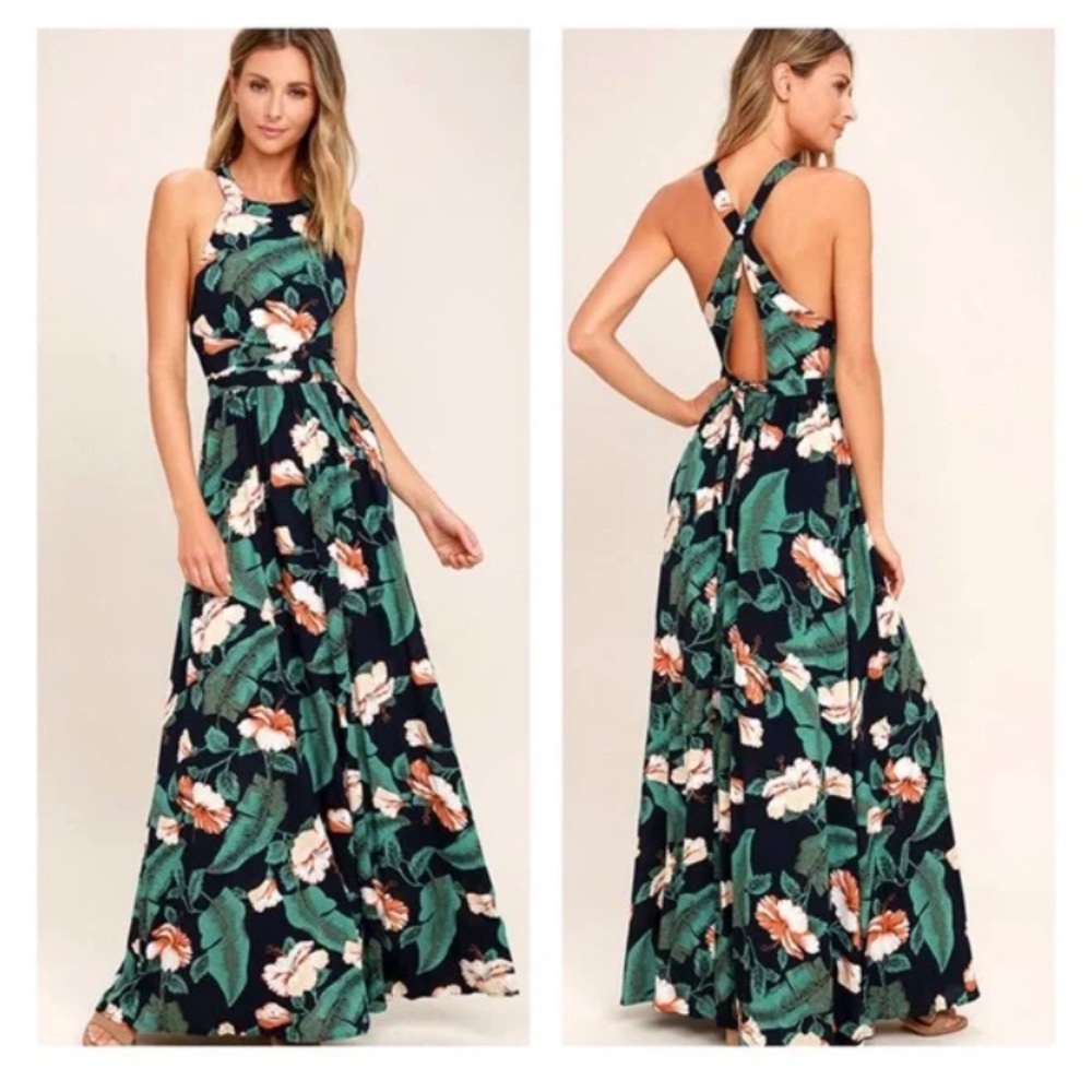 Lulus Navy Floral Print Halter Maxi Dress